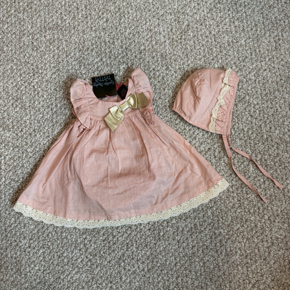 Cynthia Rowley Baby Girls Pink Lace Trim Dress Bonnet Set Size 3-6M Gold Bow NWT